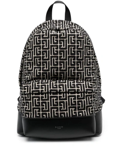 Shop Balmain Backpack In And Ivory Jacquard With Maxi Monogram In Black