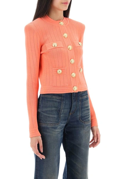 Shop Balmain Crew-neck Cardigan With Embossed Buttons In Pink