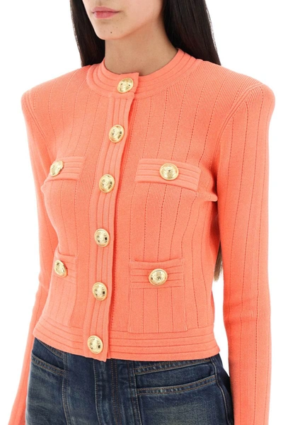 Shop Balmain Crew-neck Cardigan With Embossed Buttons In Pink