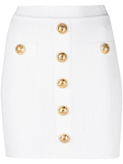 Shop Balmain Embossed-buttons Knit Mini Skirt In White