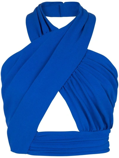 Shop Balmain Halter Nack Draped Jersey Cropped Top In Blue