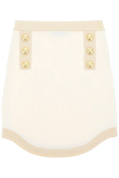 Shop Balmain Knitted Mini Skirt With Lurex Trims In White