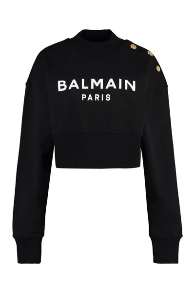 Shop Balmain Logo Detail Cotton Sweatshirt In Black