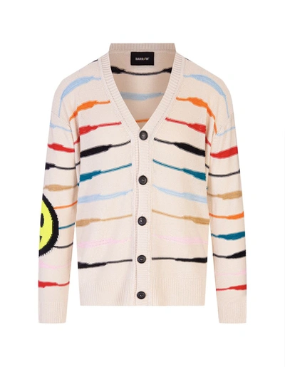 Shop Barrow Butter Cardigan With Logo And Multicoloured Stripes In Burro