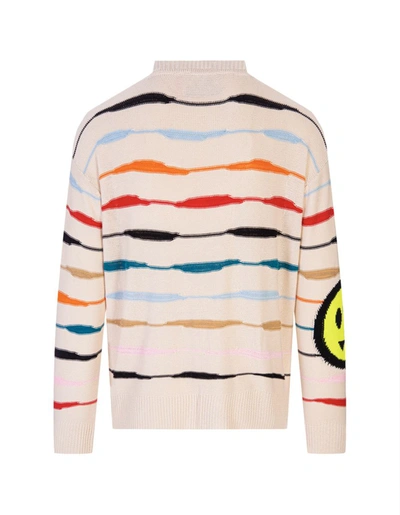 Shop Barrow Butter Cardigan With Logo And Multicoloured Stripes In Burro