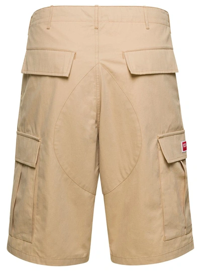 Shop Kenzo Beige Cargo Shorts With Logo Patch In Cotton Man