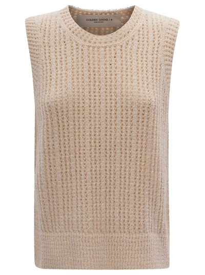 Shop Golden Goose Beige Crochet Sleeveless Top In Cotton Blend Woman In White