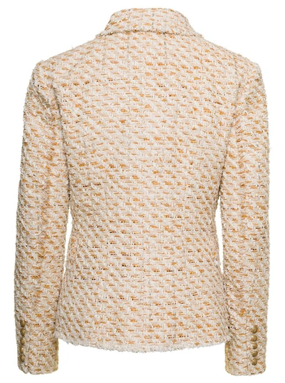 Shop Balmain Beige Double-breasted Jacket With Gold-colored Branded Buttons In Tweed Woman