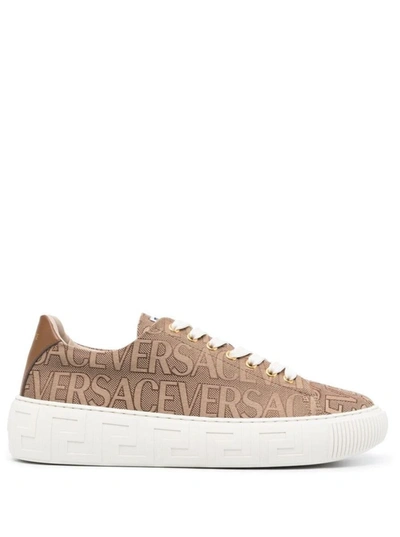 Shop Versace Beige Low Top Sneakers With Logo Print And Greca Sole In Canvas Man