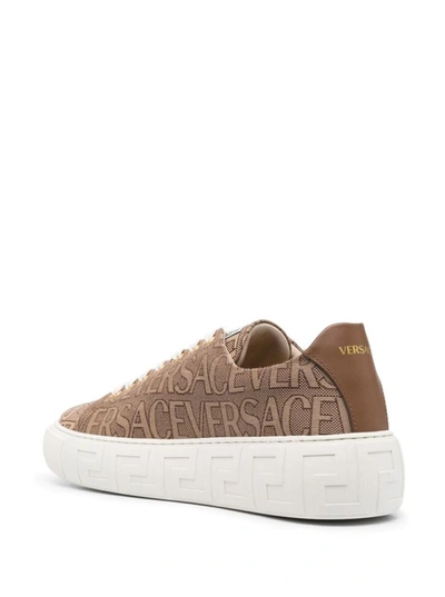 Shop Versace Beige Low Top Sneakers With Logo Print And Greca Sole In Canvas Man