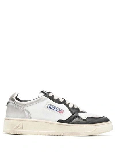 Shop Autry Black And White 'medalist' Low Top Sneakers Distressed Effect In Cow Leather In Metallic