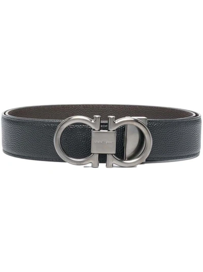 Shop Ferragamo Black Belt With Gancini Detail In Grainy Leather Man