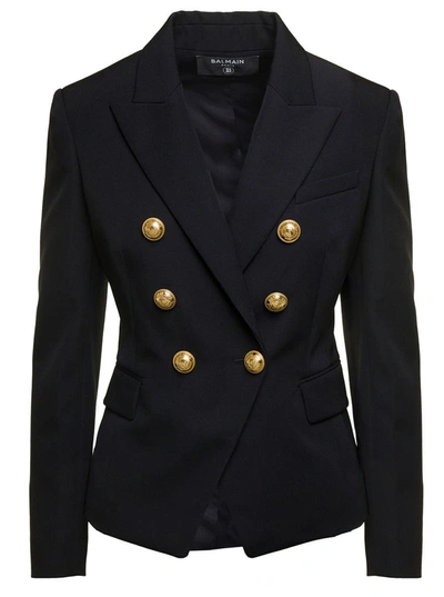 Shop Balmain Black Double-breasted Jacket With Branded Buttons And Asymmetric Cut In Wool Woman