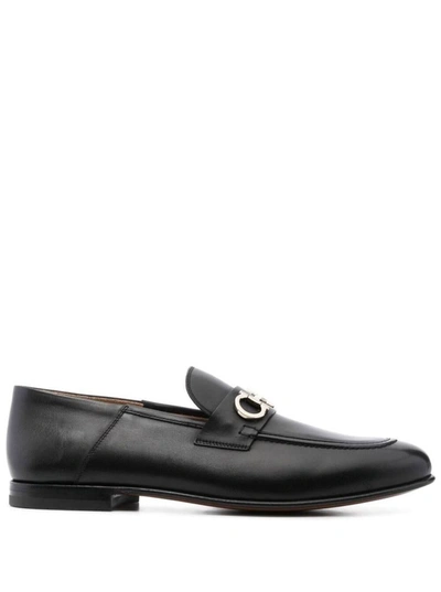 Shop Ferragamo Black Gin Loafers With Metal Logo Placque At The Front In Calf Leather Man