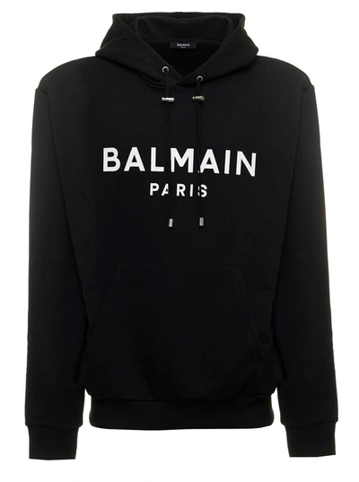 Shop Balmain Black Hoodie With Contrasting Logo Print In Cotton Man