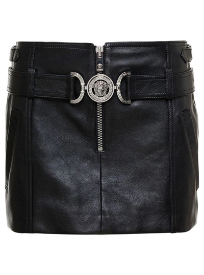 Shop Versace Black Miniskirt With Belt And Medusa Buckle In Calf Woman