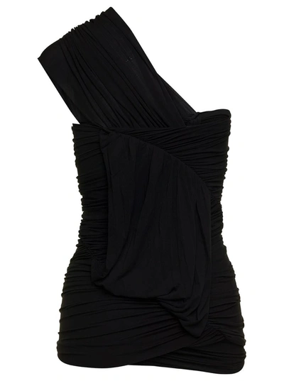 Shop Rick Owens Black One-shoulder Draped Top In Stretch Cupro Woman