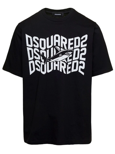 Shop Dsquared2 Black T-shirt With Shark And Logo Print In Cotton Man