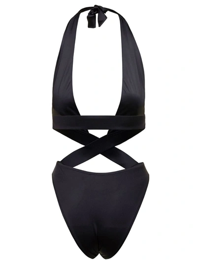 Shop Versace Black Tie-fastening One-piece With Medusa Golden Detail In Polyammde Woman
