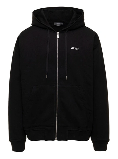 Shop Versace Black Zipped Hoodie With Print And Embroidered Ornaments In Cotton Man