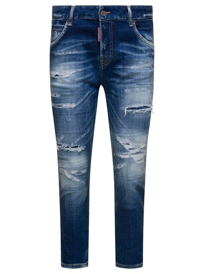 Shop Dsquared2 Blue Cropped Jeans With Destroyed Detailing In Stretch Cotton Denim Woman