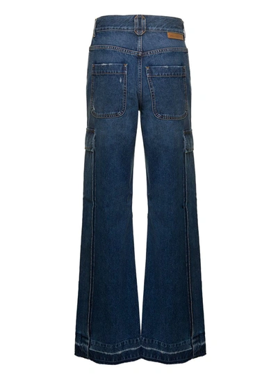Shop Stella Mccartney Blue Flare Cargo Jeans With Logo Patch In Cotton Denim Woman