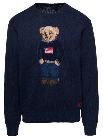 Shop Polo Ralph Lauren Blue Polo Bear Motif Knitted Jumper In Cotton Blend Man