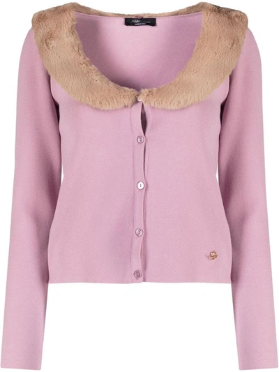 Shop Blumarine Faux Fur Neck Cardigan In Pink