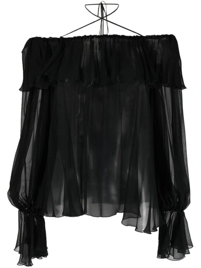 Shop Blumarine Off Shoulder Shirt In Silk In Black