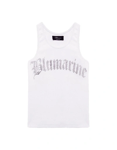 Shop Blumarine Top With Rhinestone Embroidered Logo In White