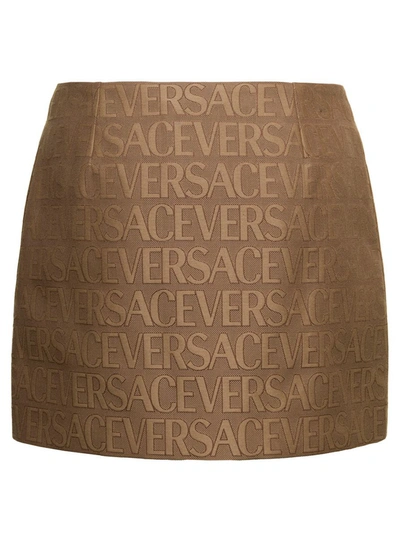 Shop Versace Brown Mini -skirt With All-over Logo Lettering Print In Canvas Woman