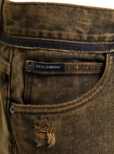 Shop Dolce & Gabbana Brown Straight Jeans With Rips In Cotton Denim Man