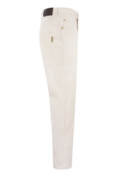 Shop Brunello Cucinelli Baggy Trousers In Garment-dyed Comfort Denim With Shiny Tab In White