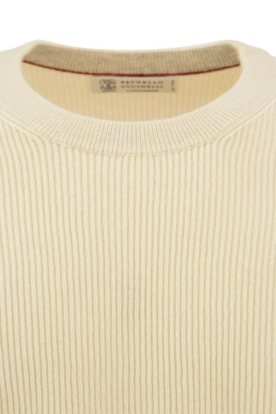 Shop Brunello Cucinelli Cashmere Sweater Round Neck In Ecru