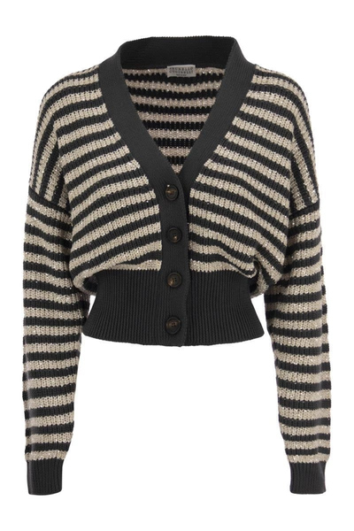 Shop Brunello Cucinelli Cotton Cardigan With Dazzling Stripes In Dark Grey