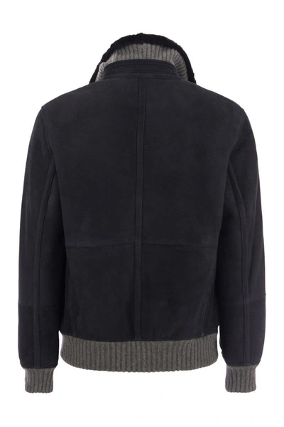 Shop Brunello Cucinelli Sheepskin Bomber Jacket With Wool Details In Navy Blue/grey