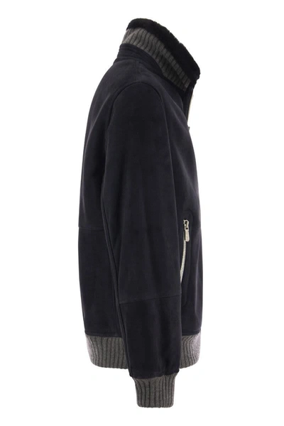Shop Brunello Cucinelli Sheepskin Bomber Jacket With Wool Details In Navy Blue/grey