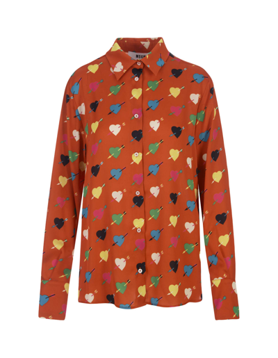 Shop Msgm Red Shirt With Arrowed Heart Print Motif In Rosso