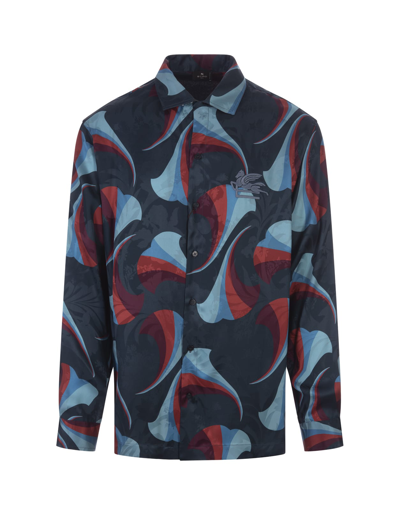 Shop Etro Navy Blue Silk Bowling Shirt With Floral Print