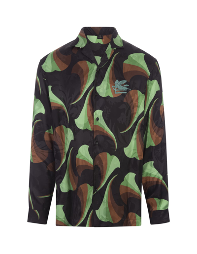 Shop Etro Black Silk Bowling Shirt With Floral Print In Nero