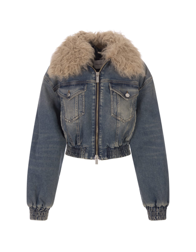 Shop Blumarine Blue Denim Bomber Jacket With Fur Collar