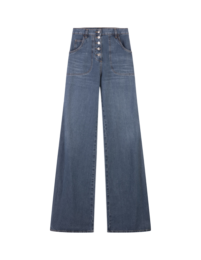 Shop Etro Navy Blue Flared Jeans With Embroidery