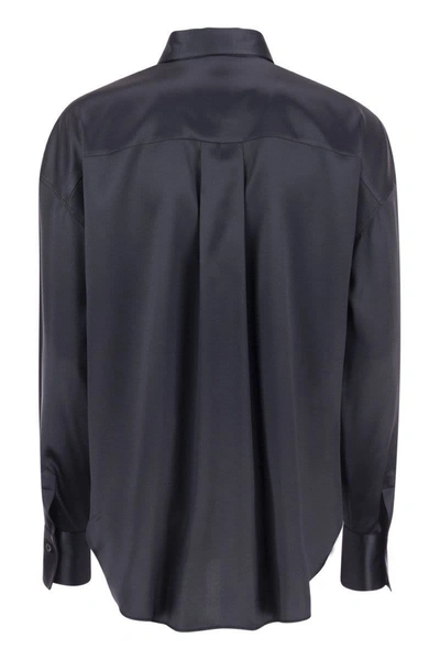 Shop Brunello Cucinelli Stretch Silk Satin Shirt With Shiny Pockets In Blue