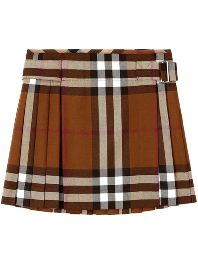 Shop Burberry Check Motif Wool Skirt In Brown