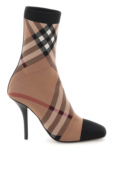 Shop Burberry Exaggerated Check Sock Ankle Boots In Multicolor
