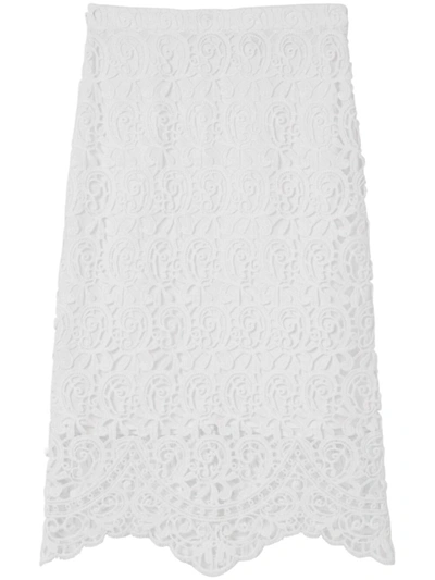 Shop Burberry Lace Midi Skirt In White