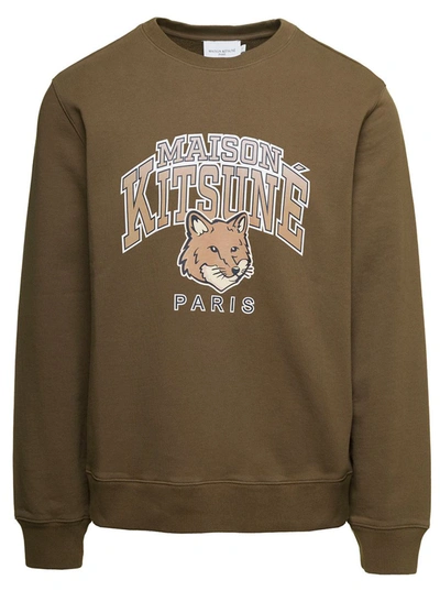 Maison Kitsuné Crewneck Sweatshirt With Front Logo Print In Brown Cotton Man In Green