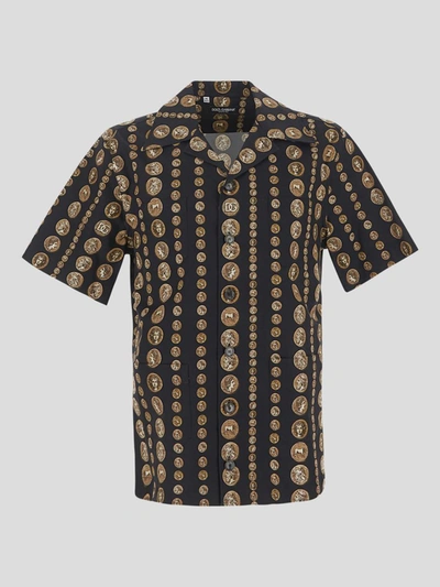 Shop Dolce & Gabbana Coin Print Stretch Drill Hawaiian Shirt In Monete Fdo Nero