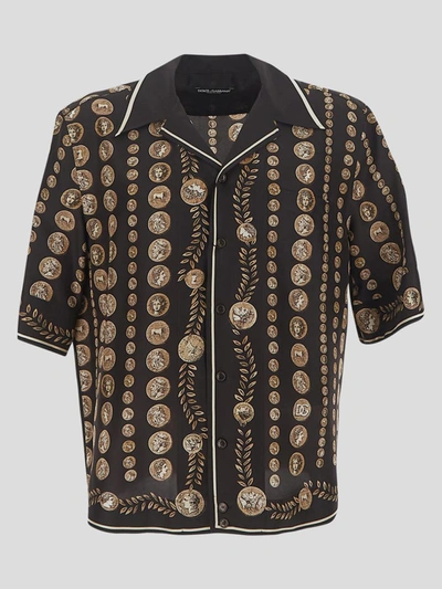 Shop Dolce & Gabbana Coin Print Silk Hawaiian Shirt In Monete Fdo.marrone