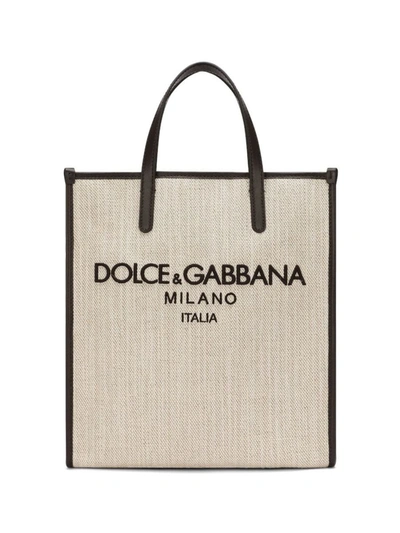 Shop Dolce & Gabbana Logo Cotton Tote Bag In Beige